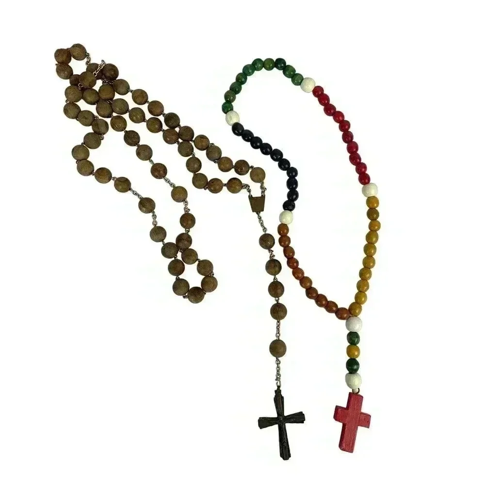 VTG Pair Wooden Rosaries Bronze Colorful‎